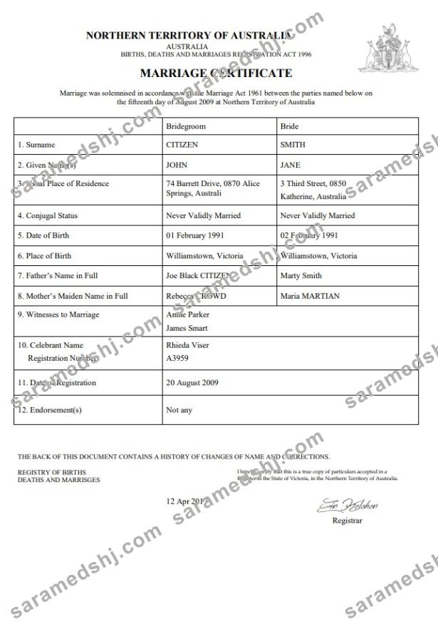 Australia Northern Territory of Australia marriage certificate template in Word